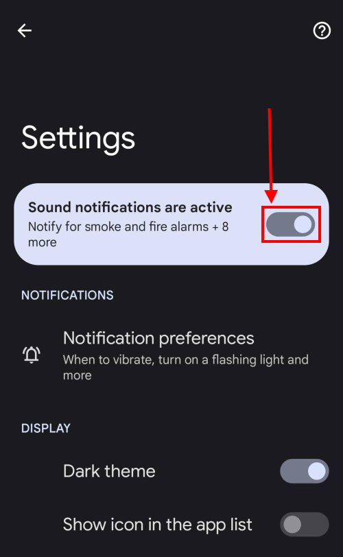 Tap the toggle switch for Sound notifications are active to turn it off.